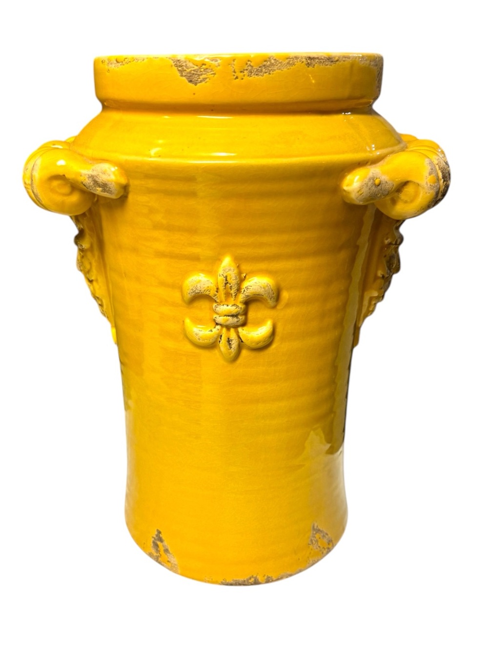 Tuscan Distressed Yellow Sculptural Satyr & Fleur Molded Edges 12” Urn Planter